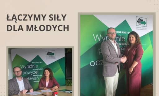 Na grafice znajdują się dwa zdjęcia przedstawiające kobietę i mężczyznę podczas podpisywania dokumentu oraz uścisku dłoni.